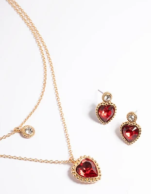 Gold Heart Double Layer Necklace & Earring Set