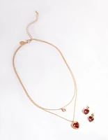 Gold Heart Double Layer Necklace & Earring Set