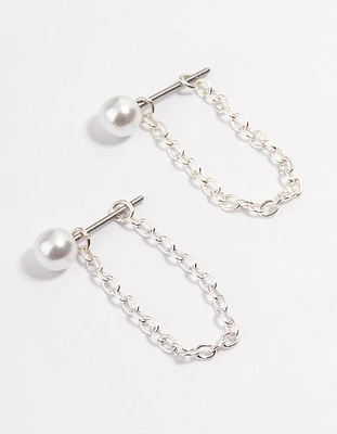 Silver Pearl Chain Front & Back Earrings