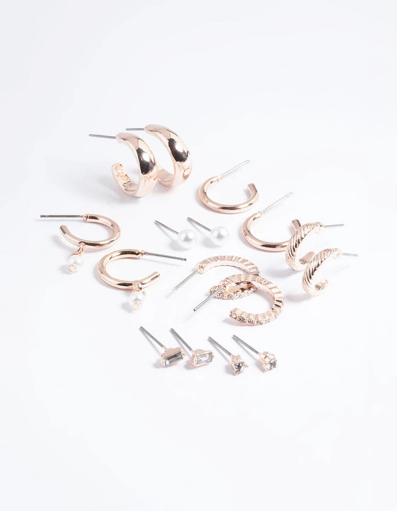 Rose Gold Pearl Stud & Hoop Earrings 8-Pack