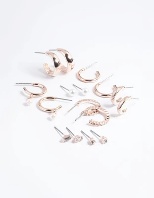 Rose Gold Pearl Stud & Hoop Earrings 8-Pack