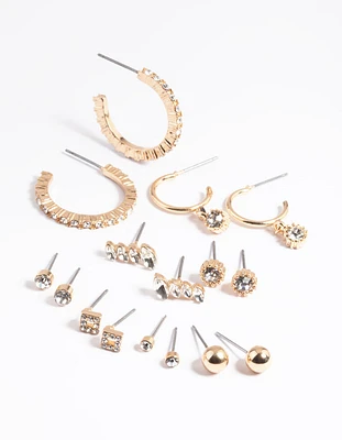 Gold Plain Diamante Stud Earrings 8-Pack