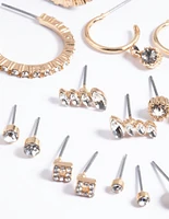Gold Plain Diamante Stud Earrings 8-Pack