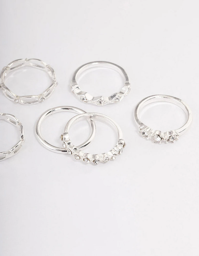 Silver Diamante Row Mix Ring 8-Pack