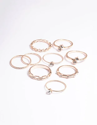 Rose Gold Crystal Chain Ring Pack