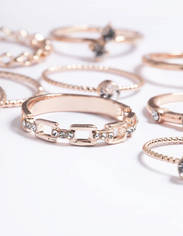 Rose Gold Crystal Chain Ring Pack