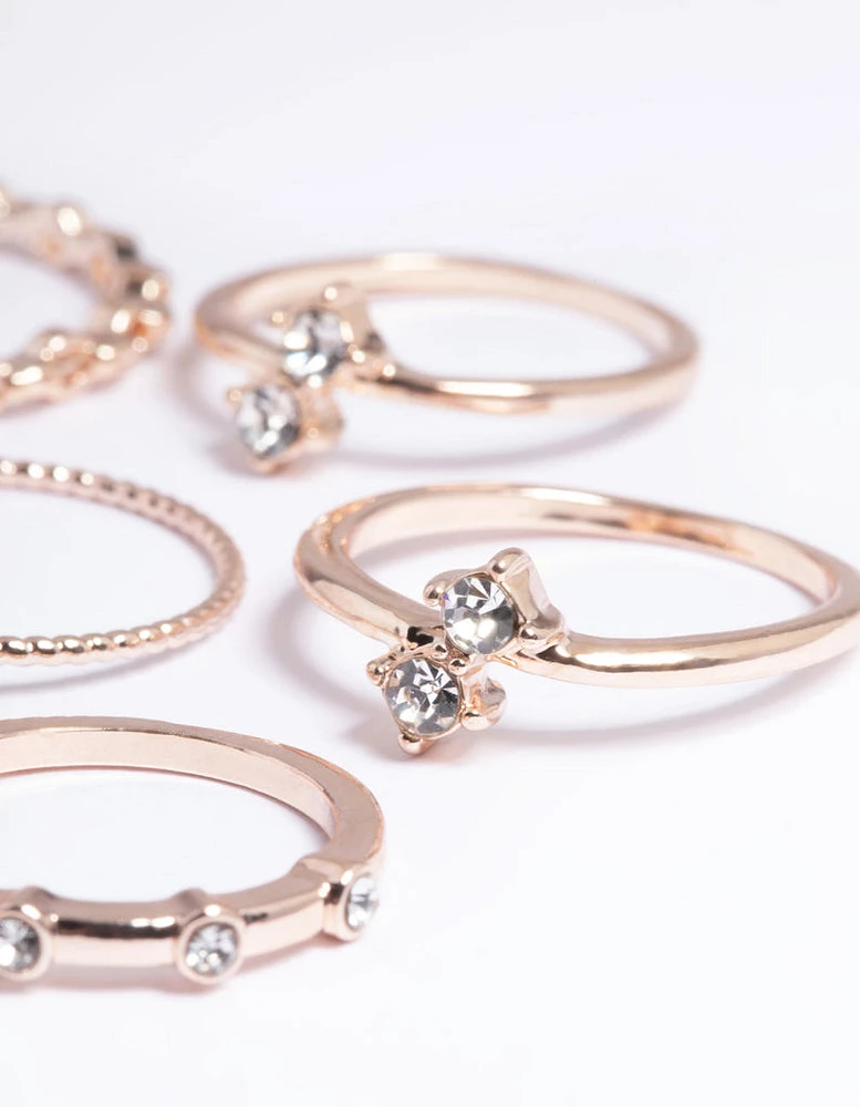 Rose Gold Crystal Chain Ring Pack