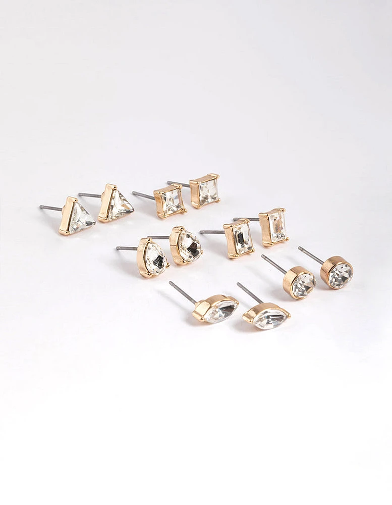 Gold Mixed Cut Diamante Stud Earrings 6-Pack