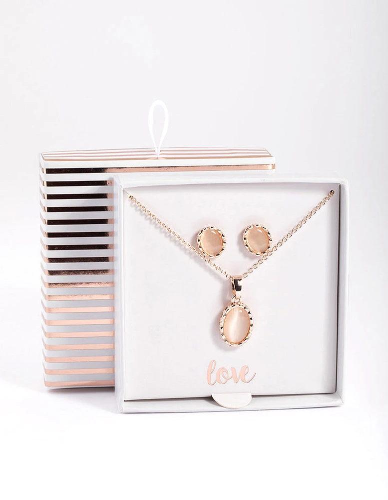 Rose Gold Oval Cateye Necklace & Stud Earrings