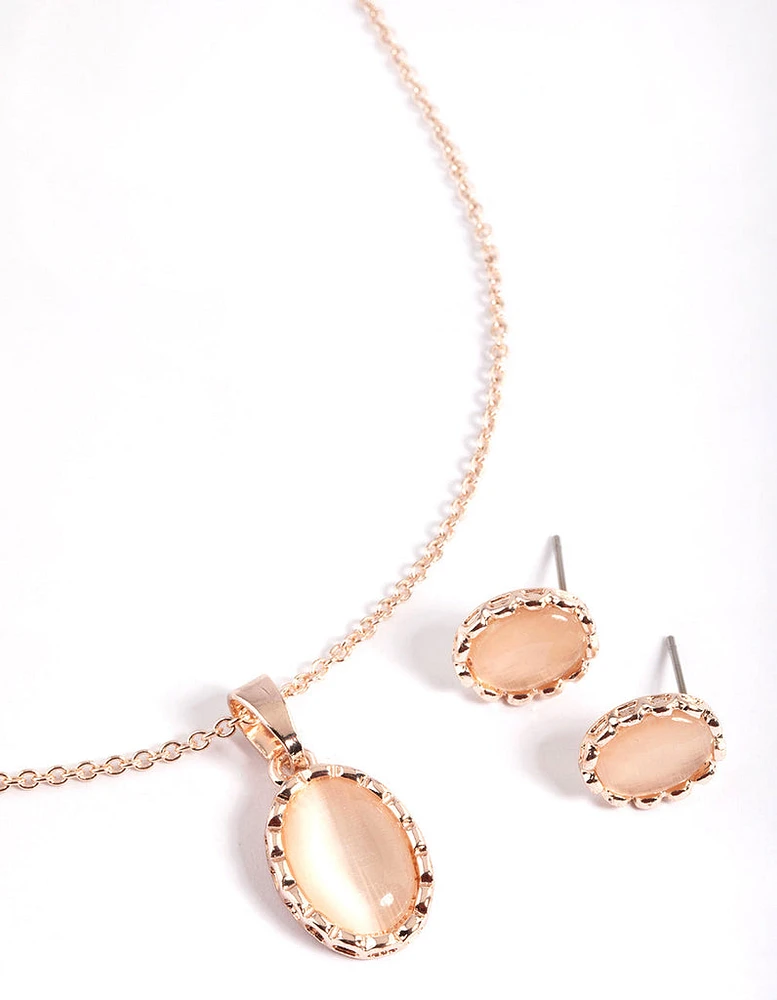 Rose Gold Oval Cateye Necklace & Stud Earrings