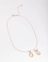 Rose Gold Oval Cateye Necklace & Stud Earrings