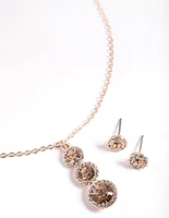 Rose Gold Round Halo Drop Necklace & Stud Earrings