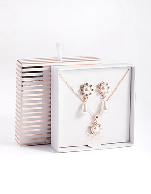 Rose Gold Pearl Flower Necklace & Drop Earrings