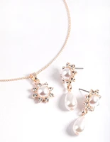 Rose Gold Pearl Flower Necklace & Drop Earrings