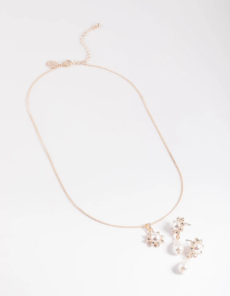 Rose Gold Pearl Flower Necklace & Drop Earrings