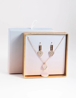 Rose Gold Pave Heart Necklace & Huggie Earrings