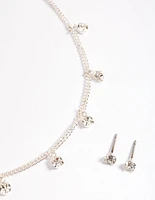 Silver Diamante Droplet Necklace & Stud Earrings