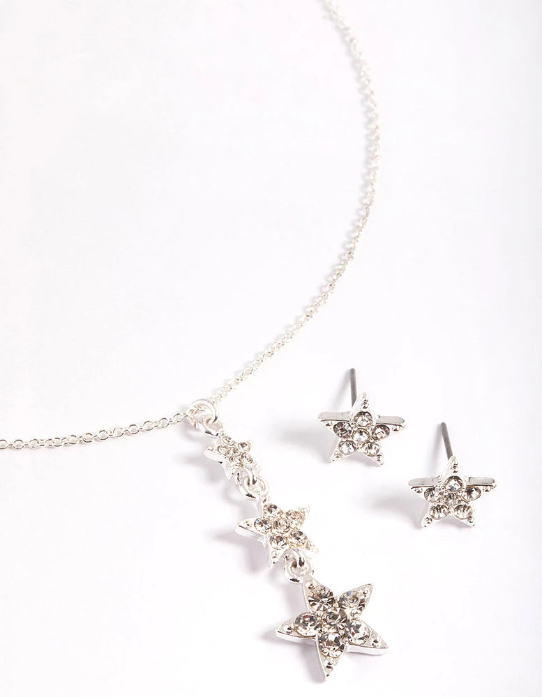 Silver Diamante Star Drop Necklace & Stud Earrings