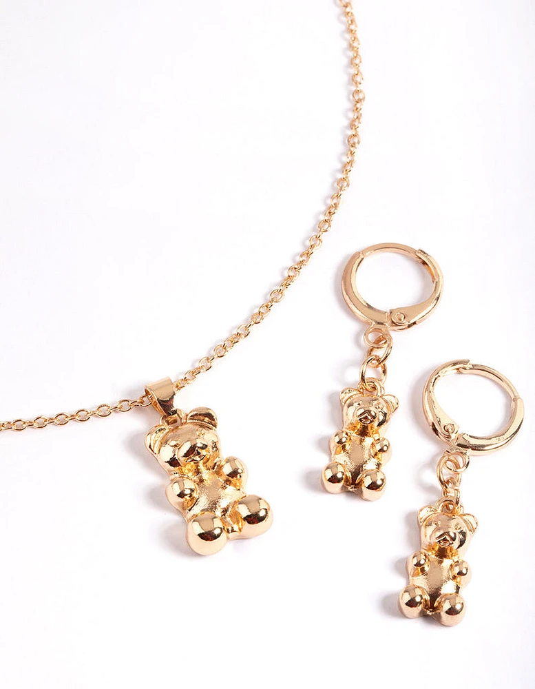 Gold Gummy Bear Necklace & Huggie Earrings