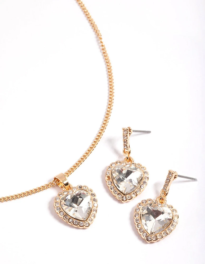 Gold Heart Halo Necklace & Drop Earrings