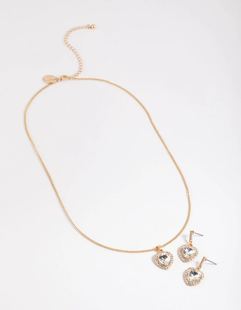 Gold Heart Halo Necklace & Drop Earrings