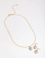 Gold Heart Halo Necklace & Drop Earrings