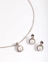 Rhodium Diamante Pearl Swirl Necklace & Stud Earrings