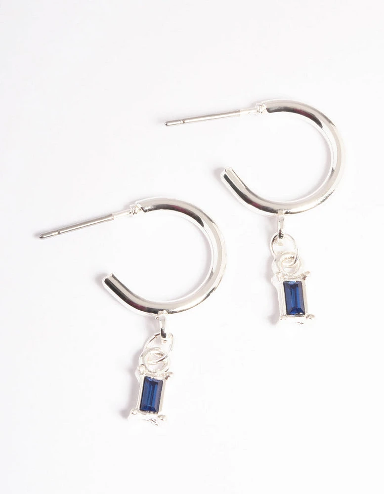 Silver Blue Stone Drop Huggie Earrings