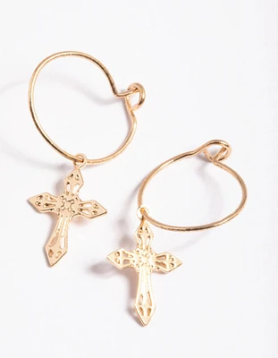 Gold Filigree Cross Hoop Earrings