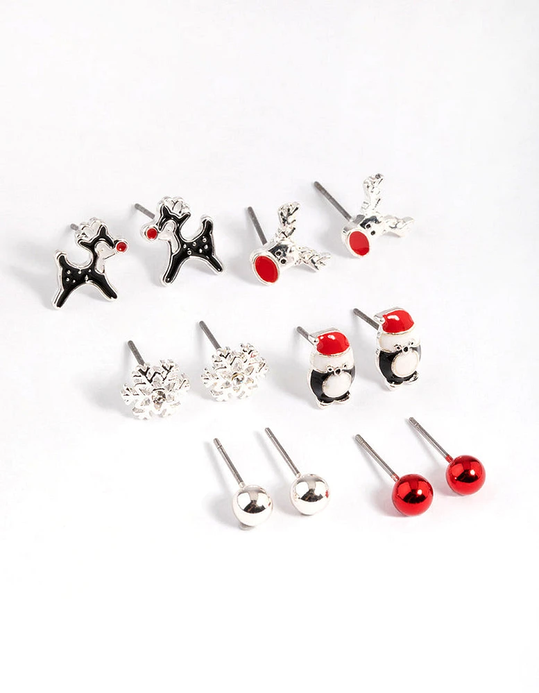 Kids Silver Christmas Critter 6-Pack Stud Earrings