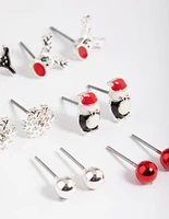 Kids Silver Christmas Critter 6-Pack Stud Earrings