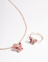 Kids Pink Diamante Butterfly Necklace & Ring Set