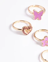 Kids Gold Daisy Diamante Heart Rings 6-Pack