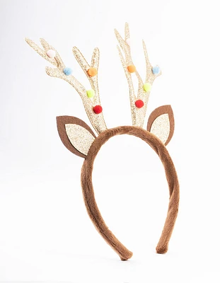 Kids Fabric Glitter Pom-Pom Antler Headband