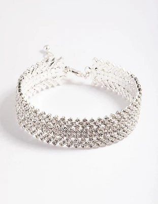 Silver Spiky 4 Row Diamante Cuff Bangle