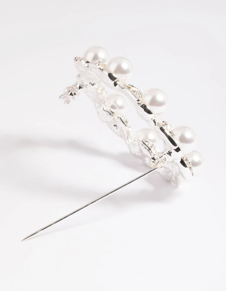 Silver Diamante Leaf & Pearl Brooch