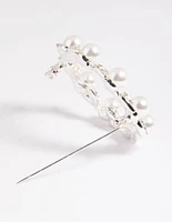 Silver Diamante Leaf & Pearl Brooch