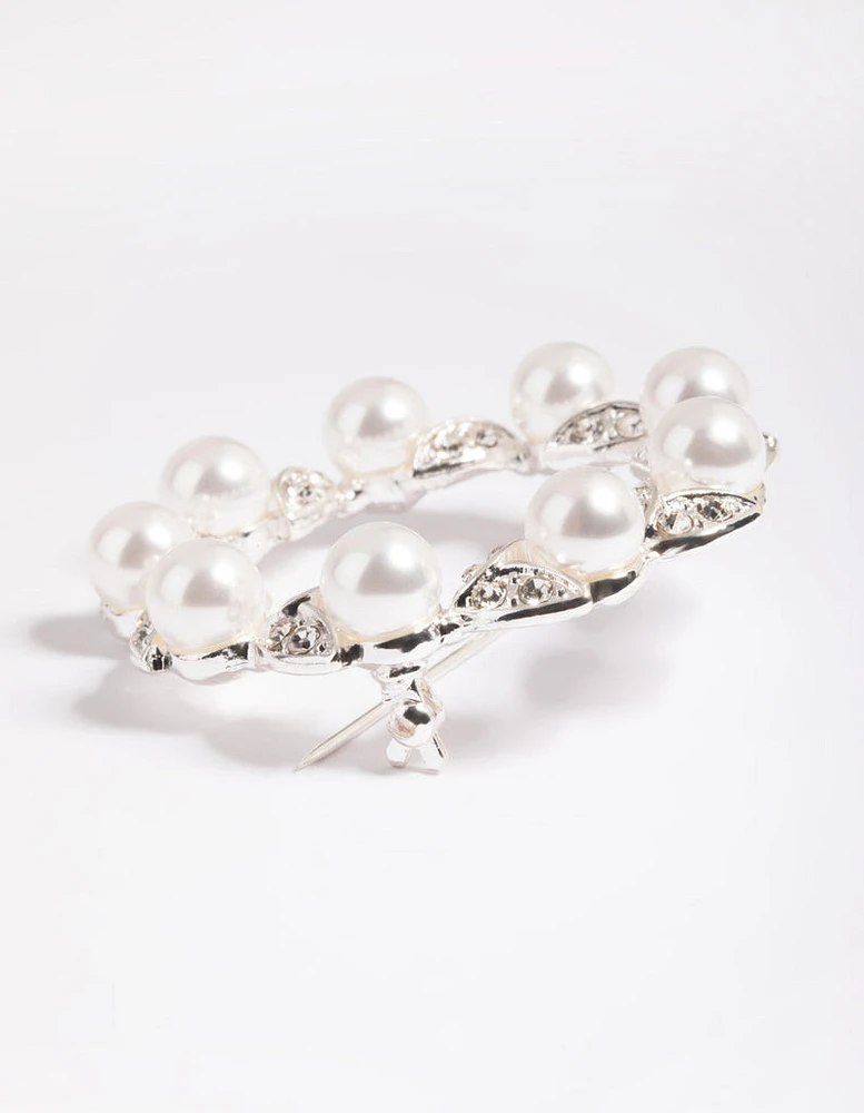 Silver Diamante Leaf & Pearl Brooch