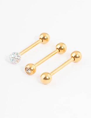 Gold Plated Titanium Pave Ball Tongue Piercing Pack