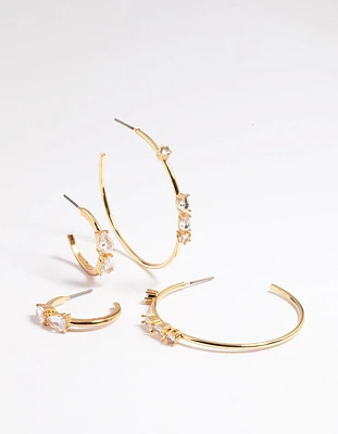 Gold Plated Cubic Zirconia Teardrop 2 Size Hoop Earrings