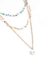 Gold 3 Row Love Mix Bead Pearl Necklace