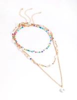 Gold 3 Row Love Mix Bead Pearl Necklace