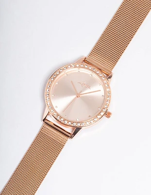 Rose Gold Diamante Surrounded Mesh Watch