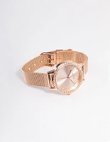 Rose Gold Diamante Surrounded Mesh Watch