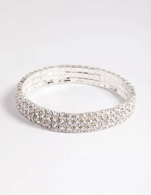 Silver Cubic Zirconia Diamante Stretch Triple Row Bracelet