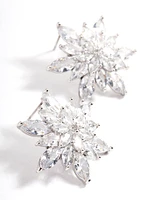 Rhodium Diamond Simulant Large Flower Stud Earrings
