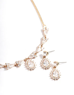 Gold Diamond Simulant Detail Teardrop Earrings & Necklace Set