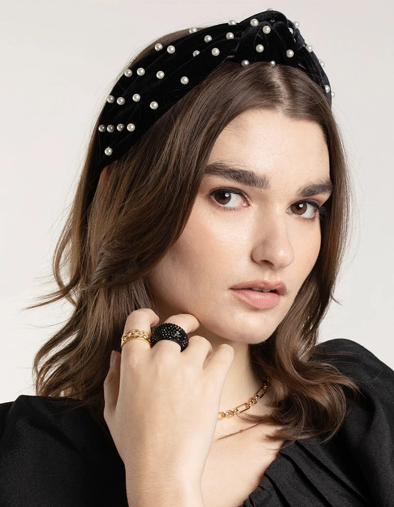 Black & White Velvet Pearl Embellished Headband