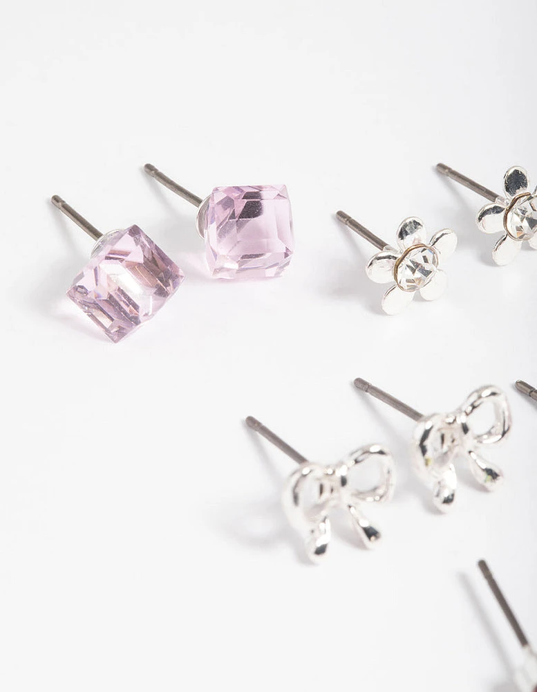 Kids Diamante Bow Cube Stud Earrings 6-Pack