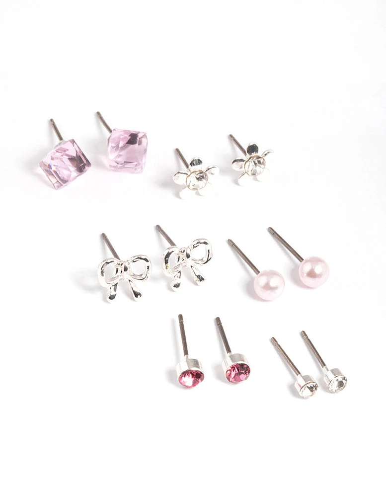 Kids Diamante Bow Cube Stud Earrings 6-Pack